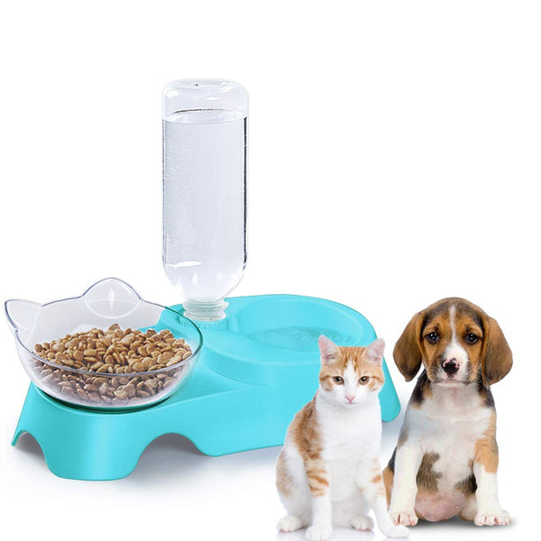 MILIFUN Double Dog Cat Bowls - Pets Water and Food Bowl Set, 15°Tilted Water and Food Bowl Set with Automatic Waterer Bottle for Small or Medium Size Dogs Cats Blue