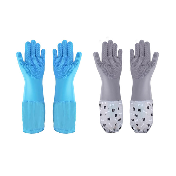 Pet Grooming Gloves Pet Hair Remover Cat, Dog Washing Gloves Silicone Heat Resistant Cleaning Gloves with High-Density Teeth Grooming Gloves for Dogs, Cats, Horses (2 Pairs - Blue & Gray) 2 Pairs - Blue & Gray