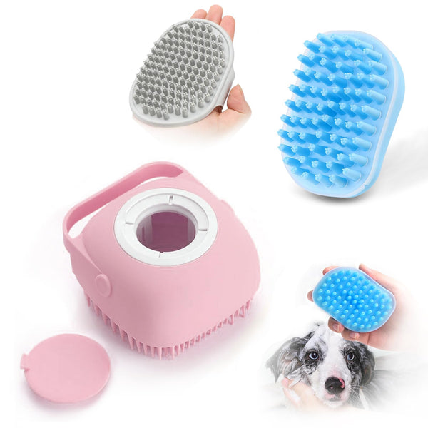 ELEGX Pet Grooming Bath Massage Brush with Soap and Shampoo Dispenser Soft Silicone Bristle for Long Short Haired Dogs Cats Shower (2 Massage Brush + Pink) 2 Massage Brush + Pink