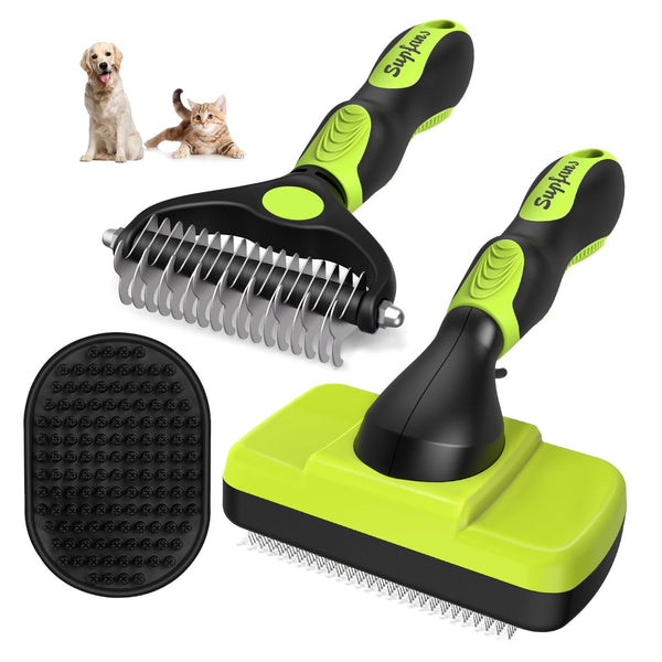 3PCS Dog Grooming Kit - Deshedding Brush, Slicker Brush, Bath Brush and Comb for Premium Pet Supplies (Green Black) Green Black