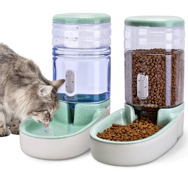 Automatic Dog Cat Feeder and Water Dispenser Gravity Food Feeder and Waterer Set with Pet Food Bowl for Small Medium Dog Puppy Kitten, Large Capacity 1 Gallon x 2 Green