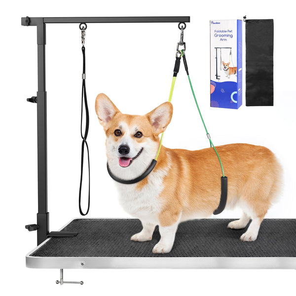 Pawaboo Dog Grooming Table Arm with Clamp, 35" Dog-Grooming-Arm Dog Grooming Stand and Free Two No Sit Haunch Holder with Grooming Loop, Foldable Dog Grooming Arm for Small Medium Pet, Groomer Partner Black