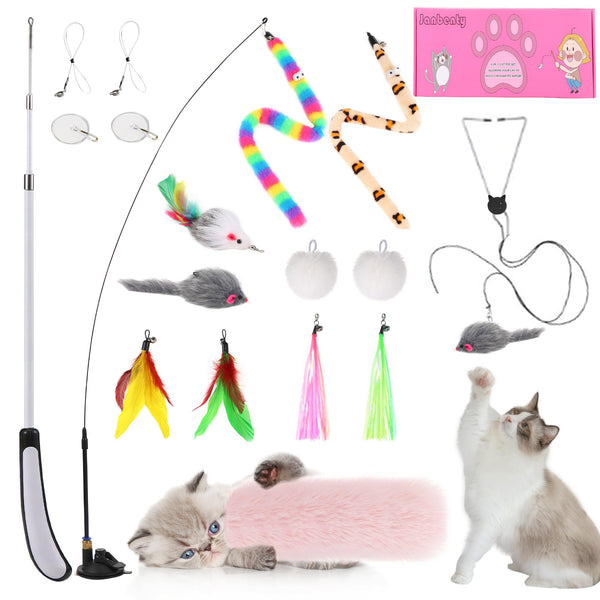4-in-1 Interactive Cat Feather Toys Durable Retractable Fishing Pole Cat Toy Enhanced Suction Cup Cat Catnip Toy 14 Wand Replacement Door Hanging Cat String Toy for Bored Indoor Kitten 4-in-1 Cat Toy Set