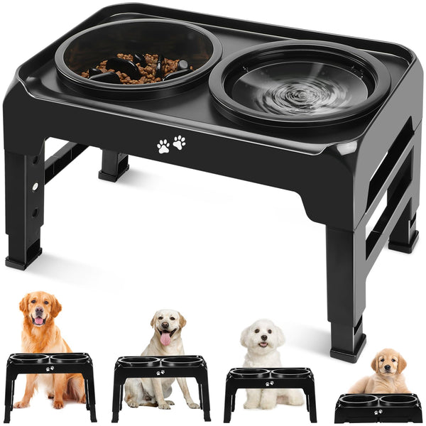 Elevated Dog Bowls, 2-in-1 Dog Feeder with Slow Feeder Dog Bowls & No Spill Dog Water Bowl, 4 Heights Adjustable Raised Dog Bowl Stand Non-Slip & Anti-Dust Dog Food Bowl for Medium Large Dogs, Black 8" for Medium Dogs