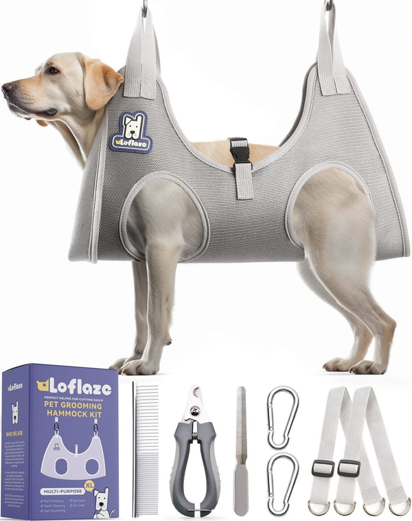 Dog Grooming Hammock Harness for Dogs & Cats with Pet Nail Clipper Trimmer - Cat Hanger Sling for Trimming Clipping Nails- Dog Hammock Restraint Bag for Small Medium Large Dog （ Grey XL ） XL ( Legs Distance : 15-18.5" / Max W：80lb )